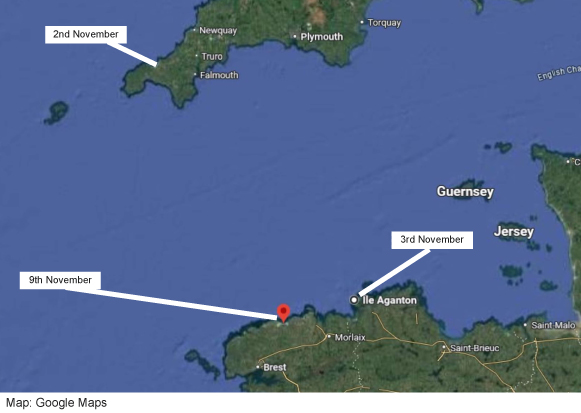 Map of Franch coast with points of sightings