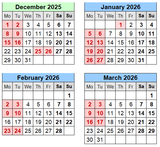 Closed Days Winter DEC to MAR 2025 2026
