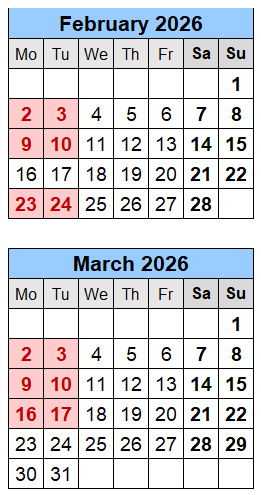 Closed Days Februay March 2026