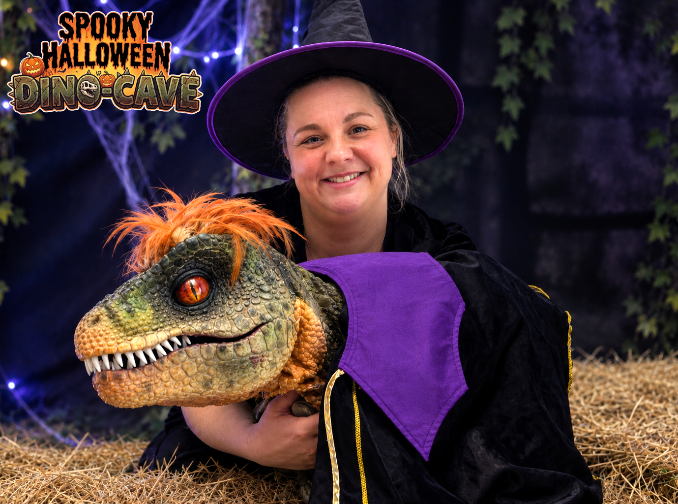 Spooky Halloween Grinning Witch and dino